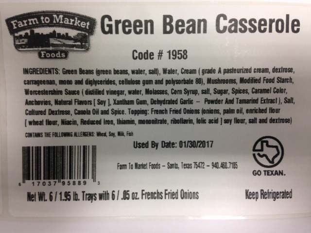 Texas Best Protein DBA Farm to Market Foods Issues Allergy Alert on Undeclared Peanut in Green Bean Casserole